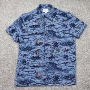 Lucky Brand AOP Camp Shirt Mens Small Blue Linen/Viscose Blend S/S Loop Collar